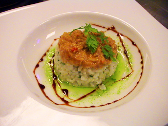 Receta: Arroz cremoso de chirlas con brandada de centollo y caramelo de cigalas