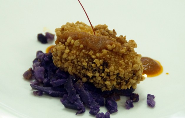 Receta: Bonito y cigala con piedras de trigo, patata violeta y mojo vizcaíno